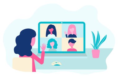 Video conference. People group on laptop screen talking, virtual meeting. Online communication vector concept in flat design clipart