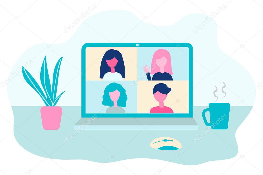 Video conference. People group on computer screen talking, virtual meeting. Online communication, education, remote work vector concept in flat design