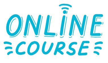 Online kurs, eğitim konsepti. Logo, rozet, poster, afiş şablonu. Harf çizimi illüstrasyonu. Beyaz arkaplanda izole edilmiş metin içeren el yazısı fırça sticker 'ı vektör olarak alır