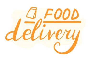 Yemek teslimatı, el yazısı çizimi. Güvenli teslimat. Sancaklar, şablonlar, kartpostallar için beyaz arkaplanda izole edilmiş yazı içeren el fırçası modasına uygun turuncu etiketi taşıyıcıya verir