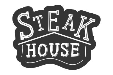 Biftek evi. Izgara restoranının logo şablonu. Harf çizimi illüstrasyonu. Beyaz arkaplanda metni izole edilmiş el yazısıyla yazılmış moda siyah etiket. Etiket, rozet, poster