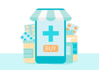 İnternetteki eczane. İnternetten uygulamadan ve web sitesinden ilaç almak. Tıbbi servis. Eczacıların teslimatı. Haplar, tabletler, spreyler ve kapsüller. Düz tasarımda vektör.