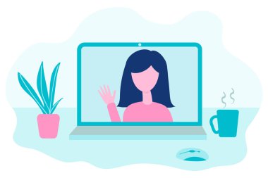 Video konferansı. Sanal buluşma konsepti. Bilgisayar ekranındaki kadın konuşuyor. Düz tasarımda çevrimiçi iletişim vektörü kavramı