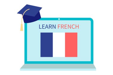 Çevrimiçi Fransızca Öğrenme, uzaktan eğitim kavramı. Dil eğitimi ve kurslar. Bir dizüstü bilgisayarda bir web sitesinde yabancı diller okumak. Düz tasarımda vektör