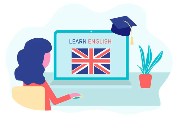 Online English Learning Concetto Istruzione Distanza Formazione Linguistica Corsi Studente — Vettoriale Stock