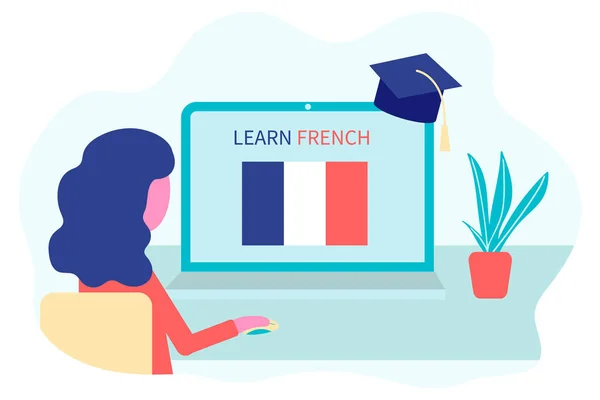 온라인 프랑스어 훈련과 학생들은 노트북으로 사이트에서 외국어를 합니다 모양의 반사기 — 스톡 벡터