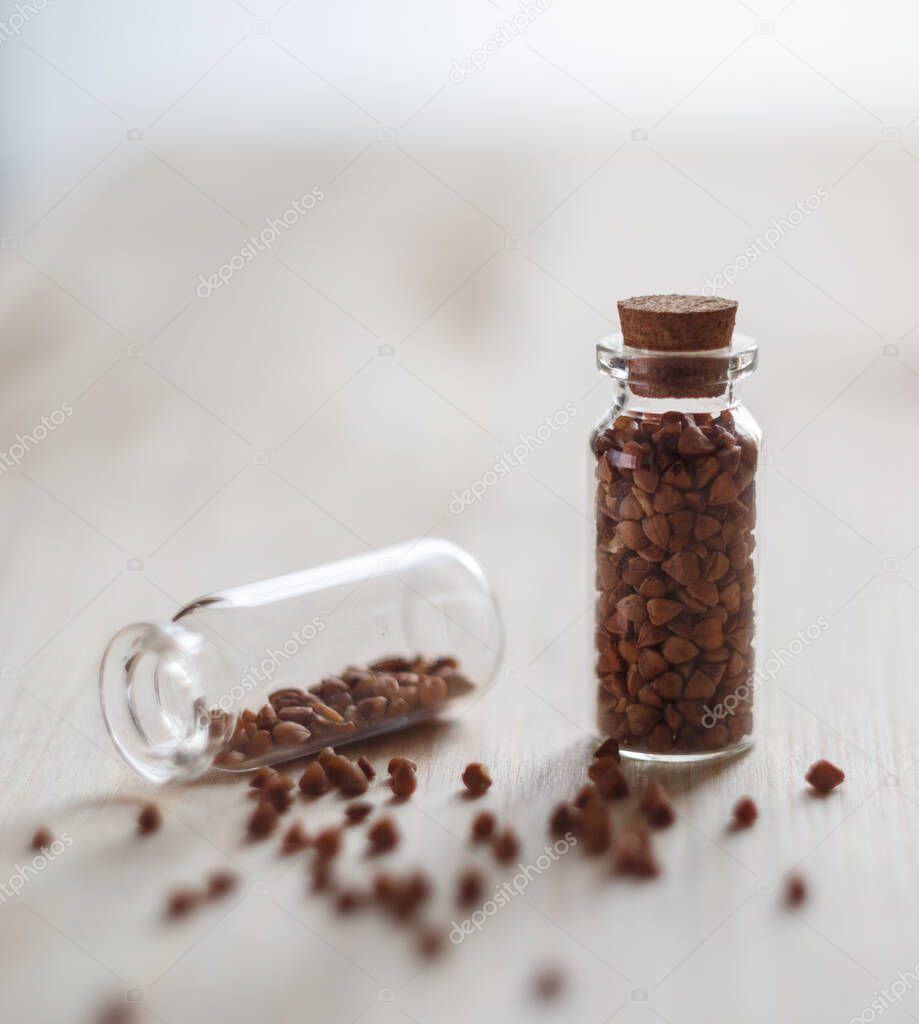 Grain buckwheat in medical flasks and test tube