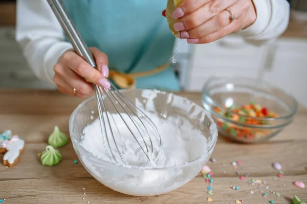 Smiling Girl Cook Whips Icing Easter Cake Whisk Squeezes Lemon — Stock Photo, Image