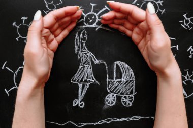 Tahtaya tebeşirle çizmek. Annem bir bebek arabası kullanıyor. Bebek arabasının etrafında bir kızın elinden yapılmış ev yapımı bir kubbe var. Koronavirüslere karşı korur.