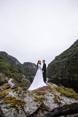 Nehrin arka planında bir kayanın üzerinde duran düğün çifti.