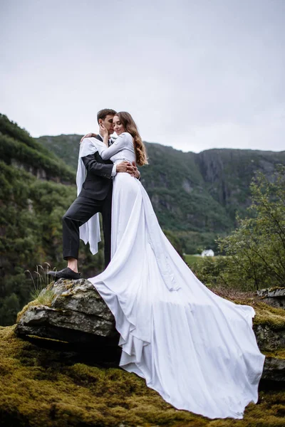 岩の上に立っている結婚式のカップルの肖像画 新婚夫婦はお互いにもがき合う — ストック写真