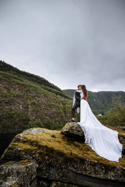 岩の上に立っている結婚式のカップルの肖像画 新婚夫婦はお互いにもがき合う — ストック写真