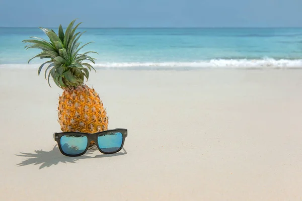 Turkuaz Karayip deniz suyuna karşı güneş gözlüklü ananas meyvesi. Tropik yaz tatili konsepti