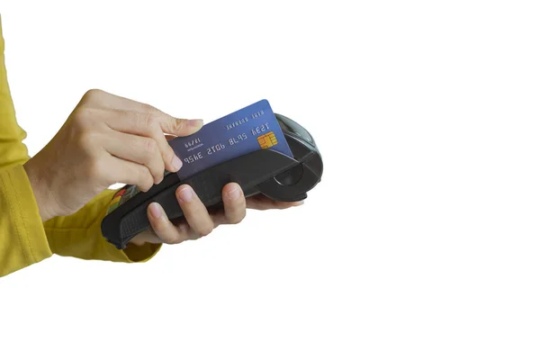 Debit Card Swiping Pos Terminal Woman Hands Isolated White Background — Stock Photo, Image