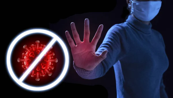 Siyah Arka Planda Izole Edilmiş Koronavirüsü Durdurmak Için Maske Takan — Stok fotoğraf