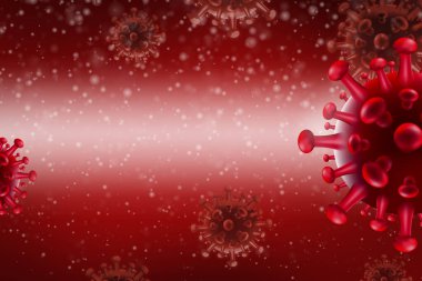 Asya gribi salgını ve koronavirüs gribi kavramı için arka plan. Kırmızı arka planda Coronavirus COVID-19. Yatay afiş, poster, web sitesi başlığı. 3d resimleme.