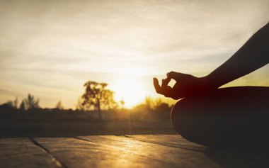 Ellerinizi kapatın. Kadınlar yoga yapar, dışarıda dinlenir. Egzersiz yapan kadın doğa arka planında spor ve meditasyon için hayati önem taşıyor. Sağlıklı ve Yoga Konsepti.