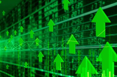 LED ekranda borsa grafiği, borsa ve veri borsası. yeşil çizelge veya yükseliş eğilimi pazarı. illüstrasyon.