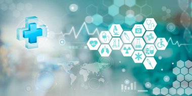 Sağlık hizmeti ikonu desenli tıbbi yenilik kavramı arka plan tasarımı. resimleme