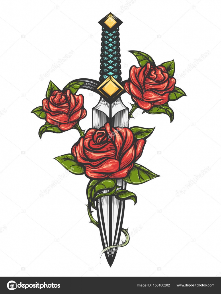 Pugnale coltello e Rose fiori disegnati nello stile del tatuaggio — Vettoriale Stock