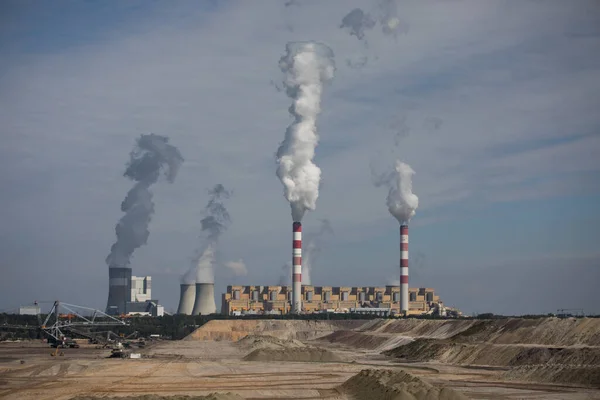 Belchatow, Poland- 3 March 2019: smoking chimneys of the Belchatow power plant