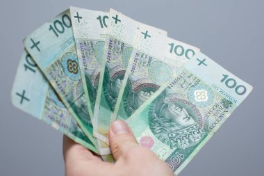 PLN 100 Polonya parası değerindeki bir banknotun kapanışı. Gri arka plandaki bir kadının elinde zloti.