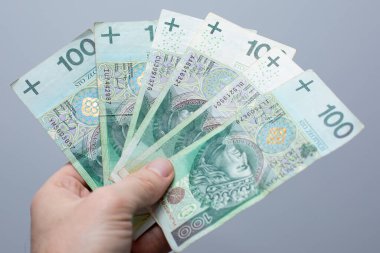PLN 100 Polonya parası değerindeki bir banknotun kapanışı. Gri arka plandaki bir kadının elinde zloti.