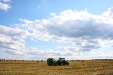 Silezya, Polonya 2019: Polonya 'daki hasat sırasında traktör ve römork sahada. Buğdayı biçtikten sonra kıllar oluştu, saman lekelendi.