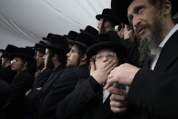 Lelow, Poland- 03 February 2017: Hassidic orthodox jews celebrating during Hasidic holiday of the 203 anniversary of tzadik Dawid Biderman's death