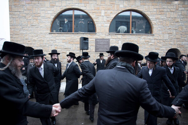 Lelow, Poland- 03 February 2017: Hassidic orthodox jews celebrating during Hasidic holiday of the 203 anniversary of tzadik Dawid Biderman's death