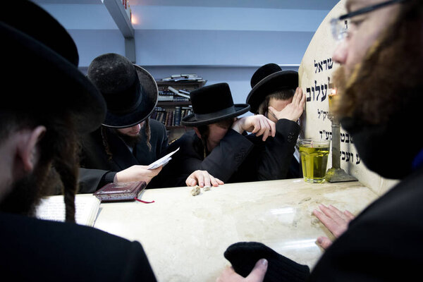 Lelow, Poland- 03 February 2017: Hassidic orthodox jews celebrating during Hasidic holiday of the 203 anniversary of tzadik Dawid Biderman's death