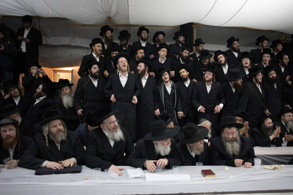 Lelow, Poland- 03 February 2017: Hassidic orthodox jews celebrating during Hasidic holiday of the 203 anniversary of tzadik Dawid Biderman's death