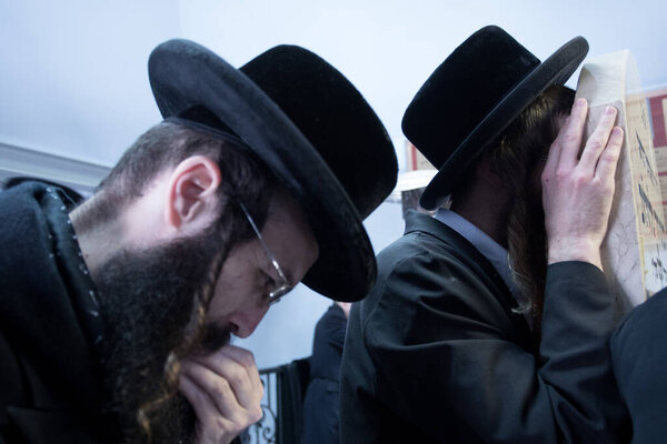 Lelow, Poland- 03 February 2017: Hassidic orthodox jews celebrating during Hasidic holiday of the 203 anniversary of tzadik Dawid Biderman's death