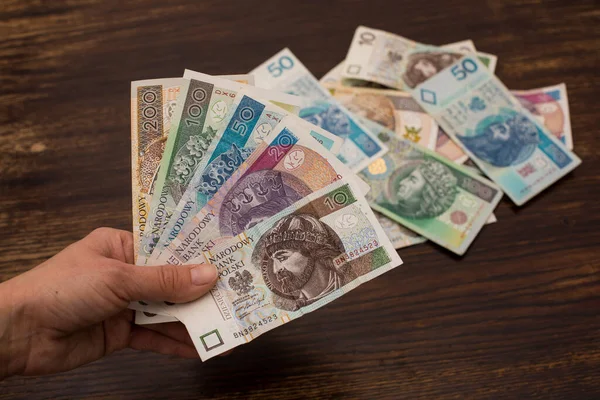 Згортаючи Різні Банкноти Польські Гроші Злотий Pln Тримав Формі Вентилятора — стокове фото