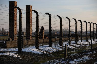 Auschwitz - Birkenau, Polonya - 6 Aralık 2019: dikenli telli elektrikli tel, Alman toplama kampı Auschwitz II Birkenau, Brzezinka