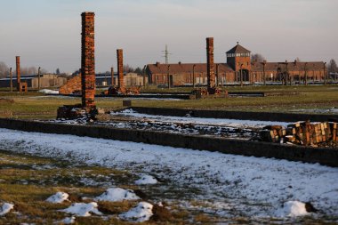 Auschwitz - Birkenau, Polonya - 6 Aralık 2019: dikenli telli elektrikli tel, Alman toplama kampı Auschwitz II Birkenau, Brzezinka