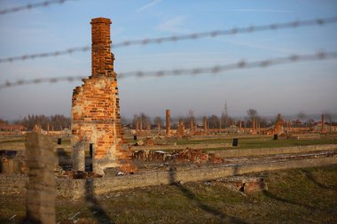 Auschwitz - Birkenau, Polonya - 6 Aralık 2019: dikenli telli elektrikli tel, Alman toplama kampı Auschwitz II Birkenau, Brzezinka