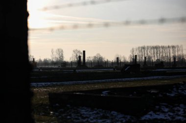 Auschwitz - Birkenau, Polonya - 6 Aralık 2019: dikenli telli elektrikli tel, Alman toplama kampı Auschwitz II Birkenau, Brzezinka