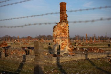 Auschwitz - Birkenau, Polonya - 6 Aralık 2019: dikenli telli elektrikli tel, Alman toplama kampı Auschwitz II Birkenau, Brzezinka