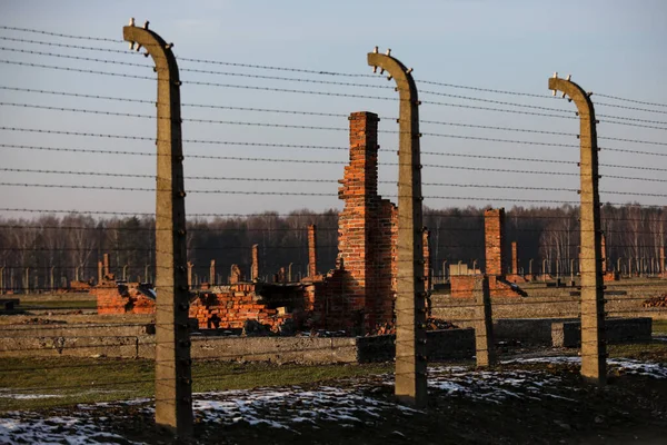 Osvětim Birkenau Polsko Prosince 2019 Elektrický Plot Ostnatým Drátem Zničené — Stock fotografie
