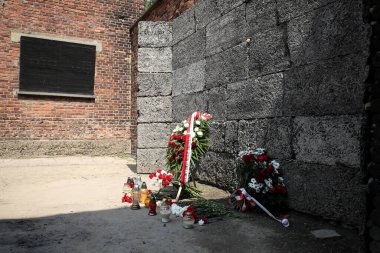 Auschwitz-Birkenau, Polonya - 14 Haziran 2019: Nazi toplama kampları ve imha kampları kurbanları için Ulusal Anma Günü, Ölüm Duvarı yanında çiçekler ve mumlar