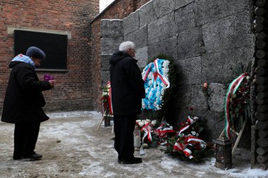 Auschwitz-Birkenau, Polonya - 27 Ocak 2019: Auschwitz 'in kurtuluşunun 74. yıldönümü. Toplama kampından sağ kurtulanlar Auschitz-Birkenau Ölüm Duvarı 'nın yanında çiçek katladılar.