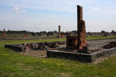 Auschwitz, Oswiecim, Polonya - 02 Ağustos 2019: Auschwitz Birkenau Brzezinka 'daki eski bir Nazi imha kampı. Brzezinka 'daki kışlalar dikenli tellerle harabe ve direklere bırakılmış.