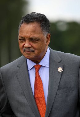 Auschwitz, Birkenau, Polonya - 02 Ağustos 2019: Jesse Louis Jackson Sr. Amerikalı sivil hakları aktivisti, Baptist bakan, politikacı. Columbia bölgesinden Birleşik Devletler Gölgesi Senatörü