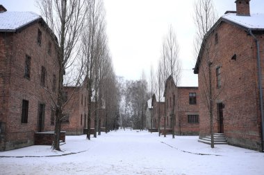 Auschwitz, Oswiecim, Polonya - 27 Ocak 2020: Auschwitz 'te kamp caddesi, I. Auschwitz' in tuğla binaları