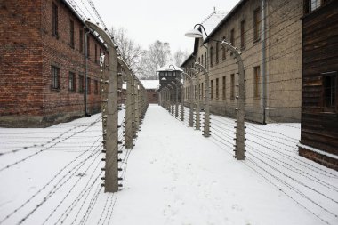 Auschwitz, Oswiecim, Polonya - 27 Ocak 2020: Auschwitz 'te kamp caddesi, I. Auschwitz' in tuğla binaları