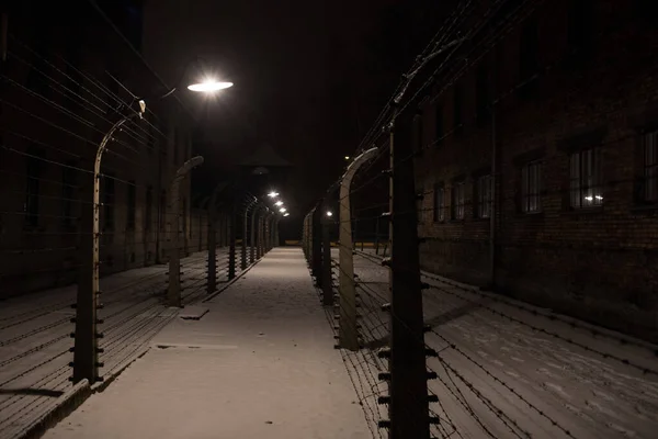 Auschwitz Birkenau Poland Decemeber 2019 Електричний Паркан Колючим Дротом Вночі — стокове фото