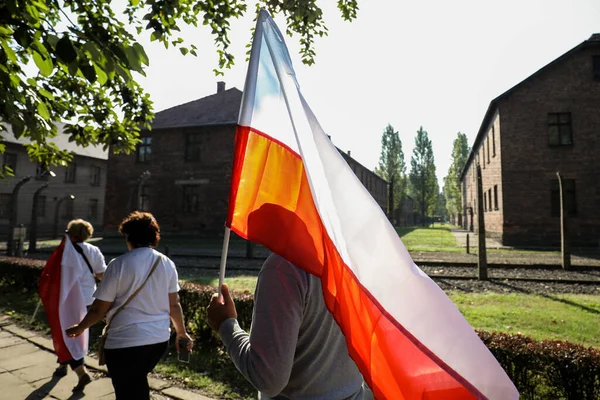 Oswiecim Poland August 2019 Man Polish Flag White Red Catholics — Stock Photo, Image