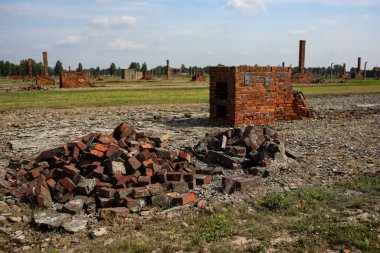 Auschwitz, Oswiecim, Polonya - 02 Ağustos 2019: Auschwitz Birkenau Brzezinka 'daki eski bir Nazi imha kampı. Brzezinka 'daki kışlalar dikenli tellerle harabe ve direklere bırakılmış.