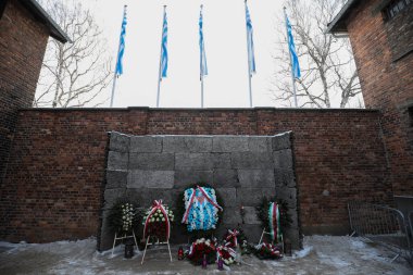 Auschwitz-Birkenau, Polonya - 27 Ocak 2019: 74 Auschwitz-Birkenau Özgürlük Yıldönümü, Ölüm Duvarı 'nın yanında çiçekler ve mumlar